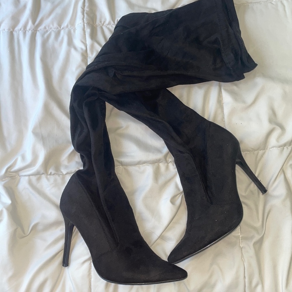 Faux Suede Thigh High Pointy Tie Stiletto Boot